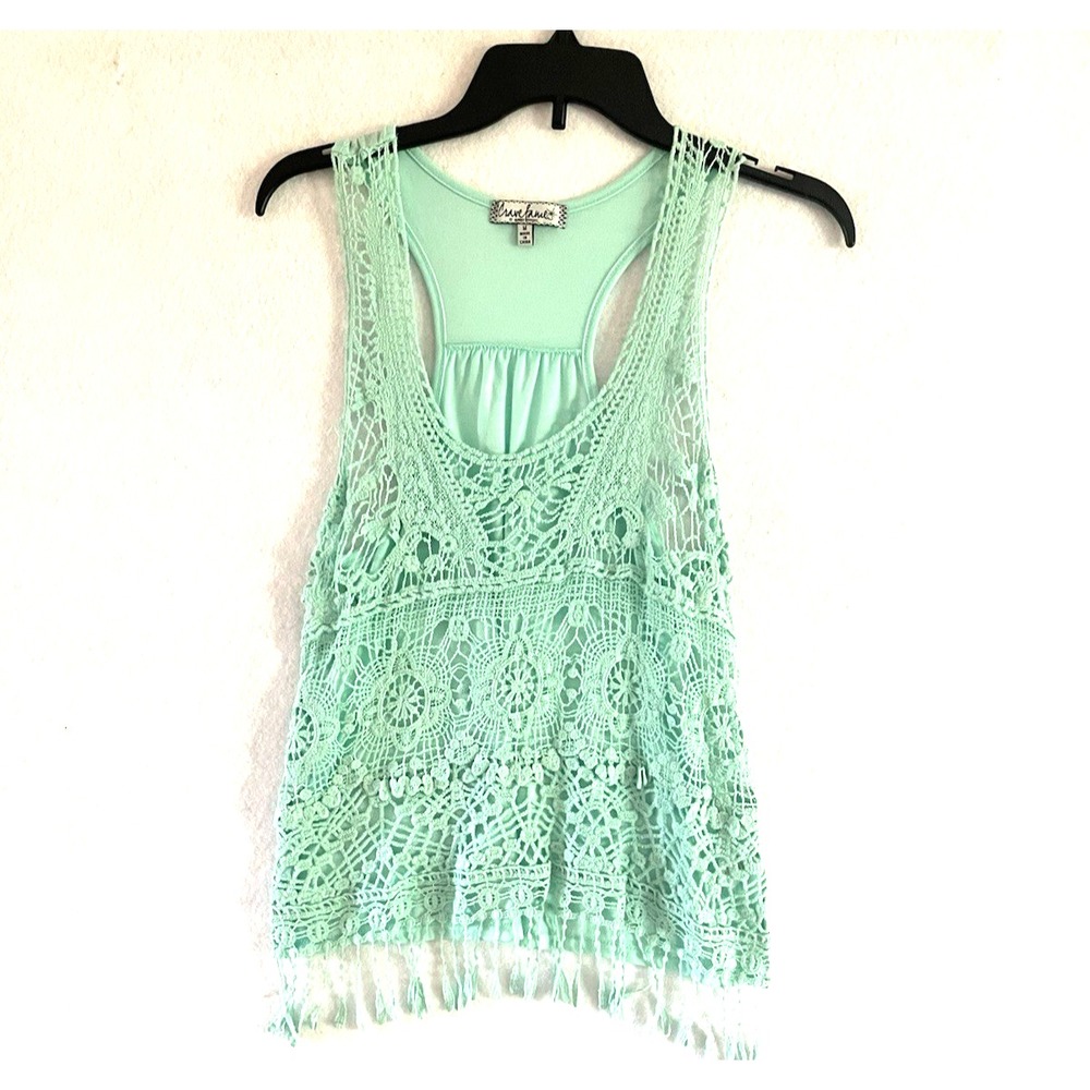 Boho Green Crochet Fringed Coastal Layered Top Coastal Summer Resort Medium